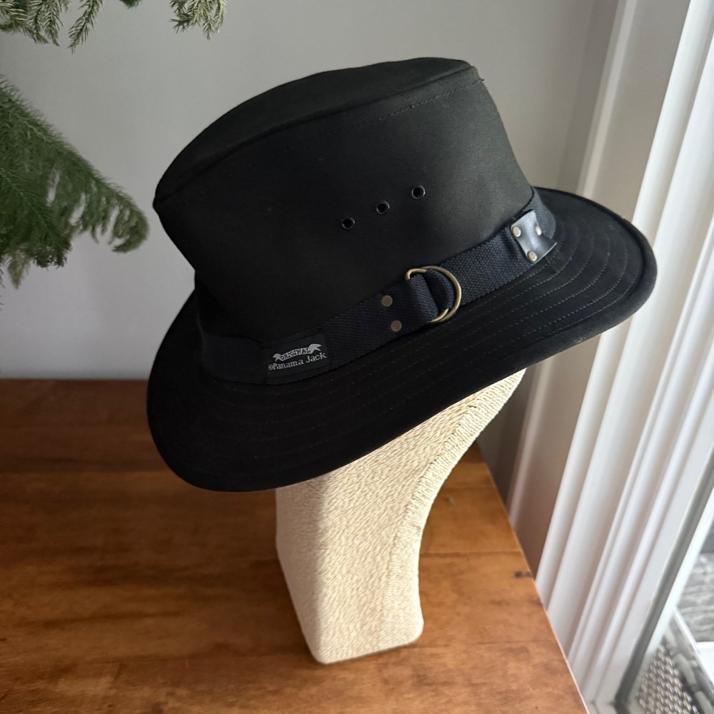 Panama Jack Mens Black Cotton Canvas Safari Fedora Sun Hat Lrg Brass D-Ring EUC